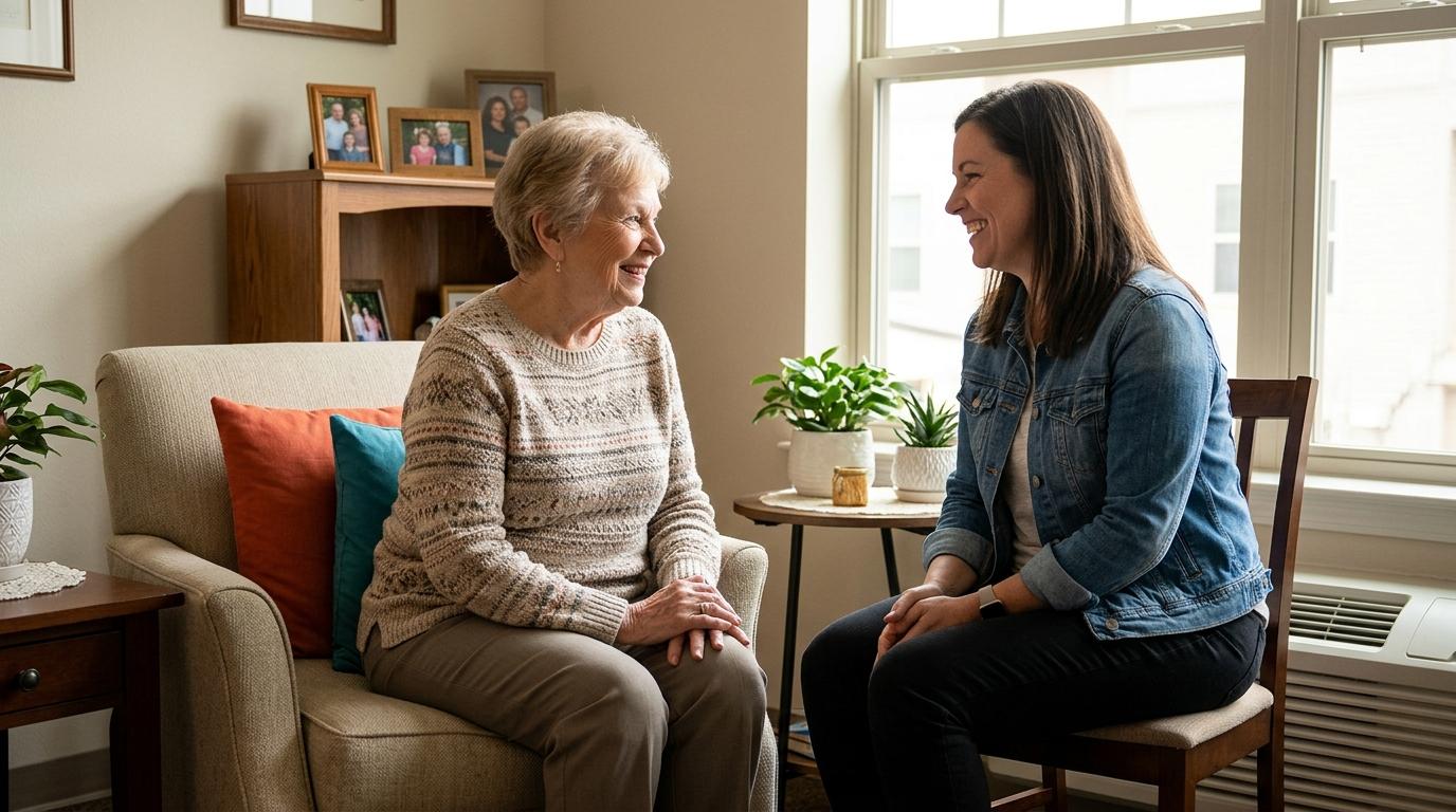Elderly woman and younger woman smiling while talking in a cozy living room with plants and framed photos in the background.