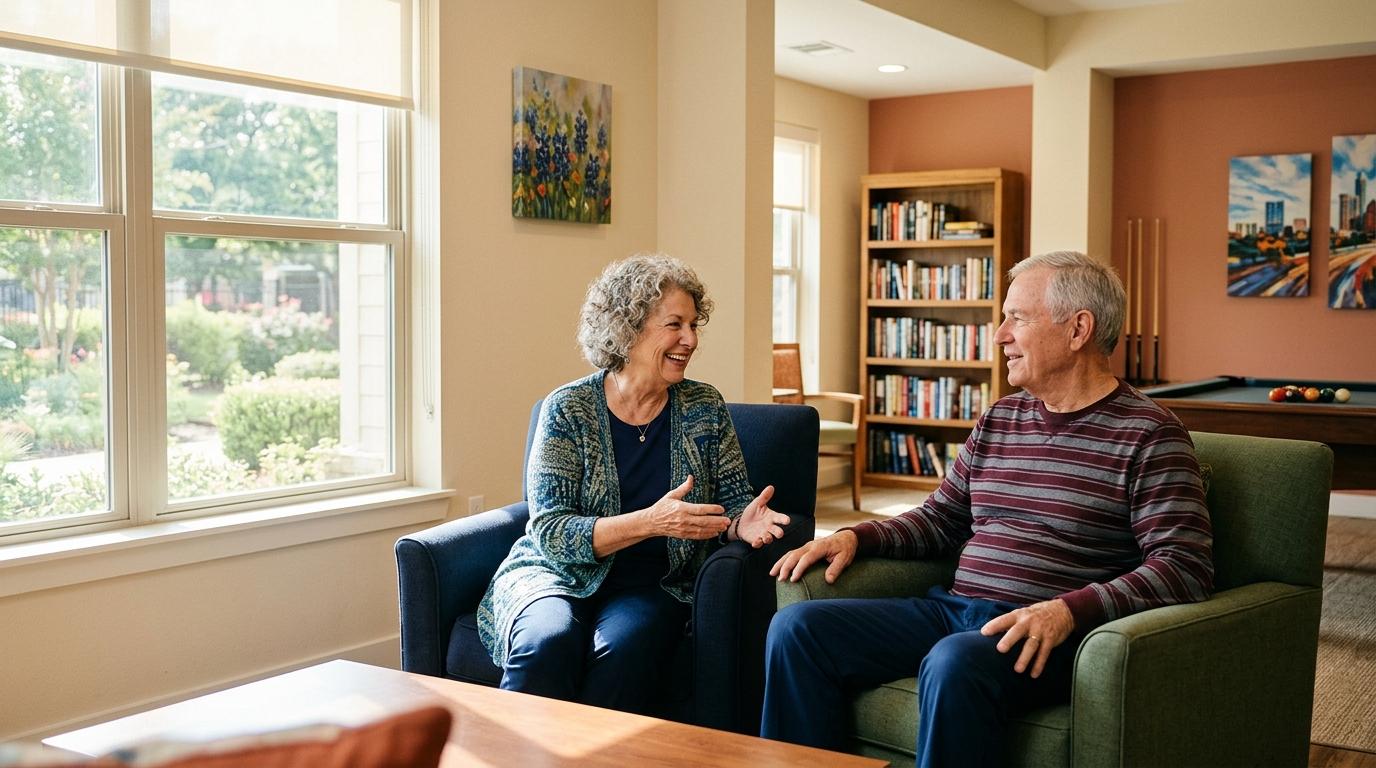 A pair of smiling older adults enjoys a moment of conversation in a bright, welcoming community living space.