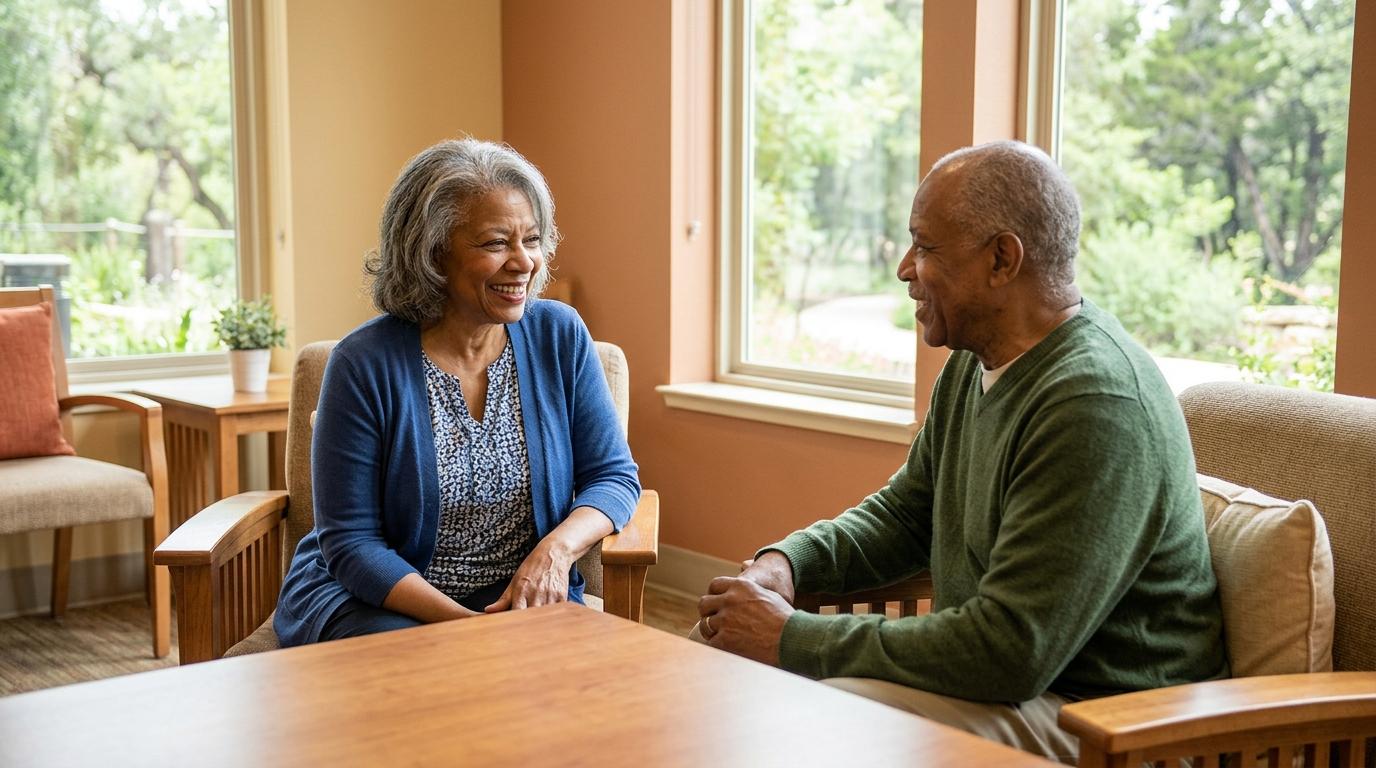 Older couple seated on a sofa, smiling and chatting in a cozy living room with large windows and greenery outside.