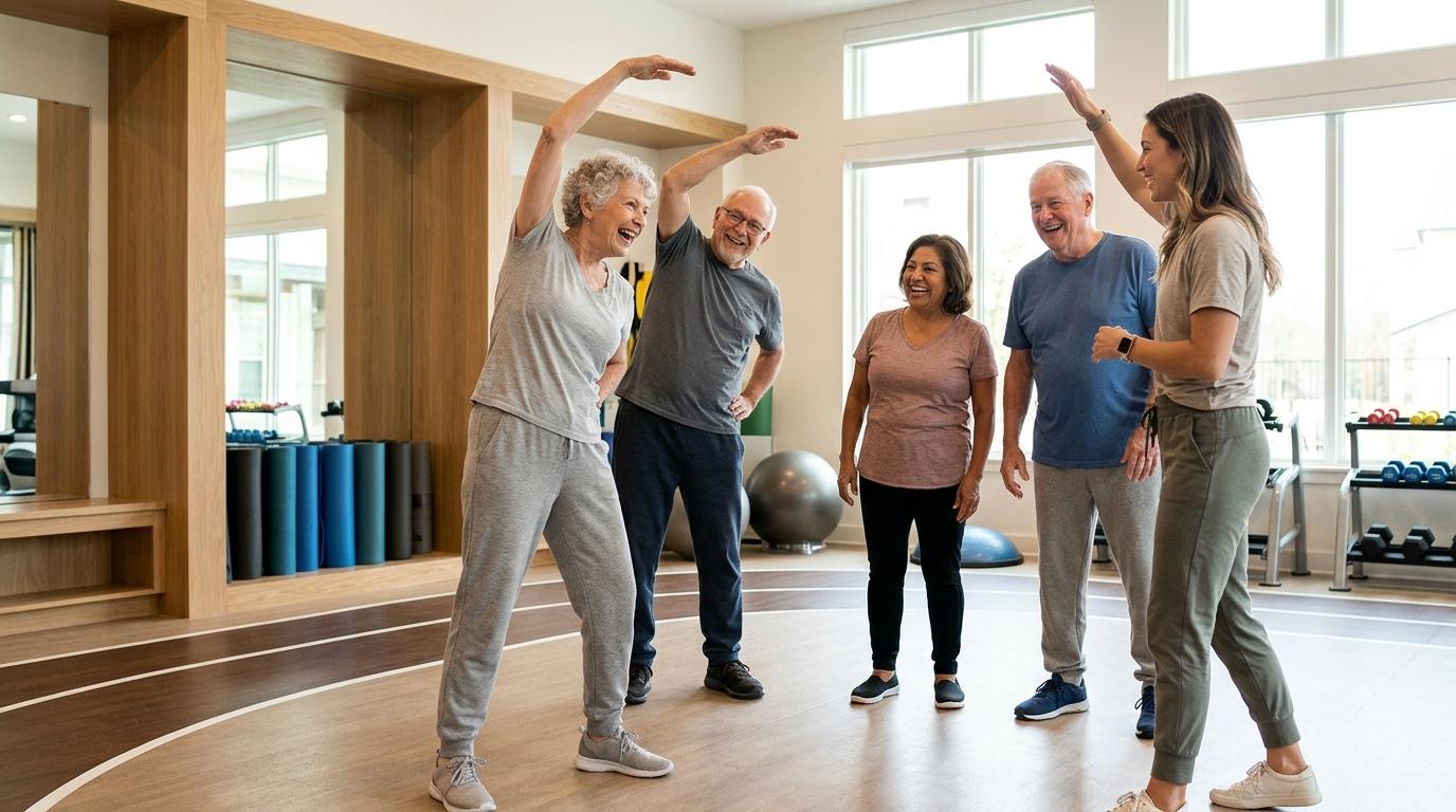 Smiling senior adults participating in a group fitness class, stretching and exercising together in a bright, welcoming activity room.