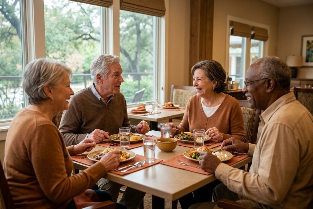 Four older adults smiling and talking around a dining table with plates of food and water glasses, beside large windows.