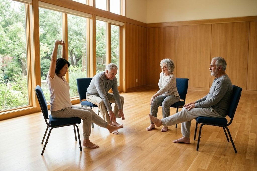 Four older adults do seated stretches barefoot on chairs in a circle in a bright wood-floored room with large windows facing greenery.