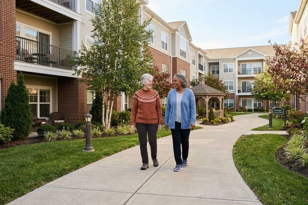 Two elderly women walk along a curved sidewalk in a landscaped apartment complex, smiling and chatting.