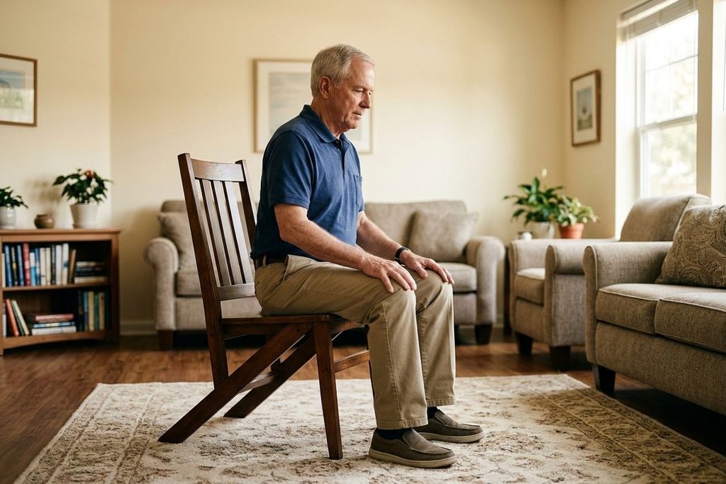 A senior sits on a wooden chair with hands on knees, looking down, in a bright living room with sofas and a bookshelf.