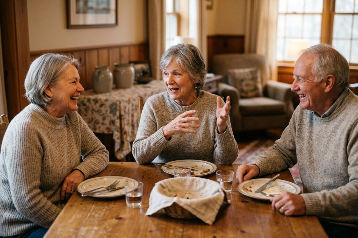 Three older adults in sweaters laugh and talk around a wooden dining table with empty plates, water glasses, and a bread basket in a cozy home.
