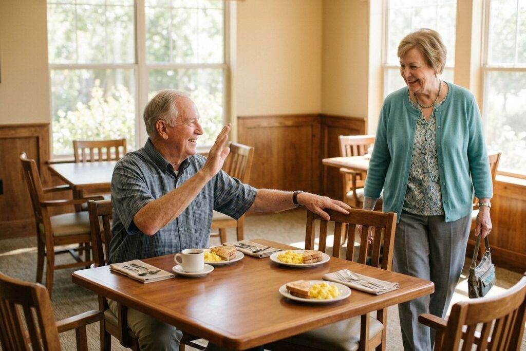 Smiling older adult seated at a table with eggs and toast waves to another older adult walking over with a purse in a sunny dining room.