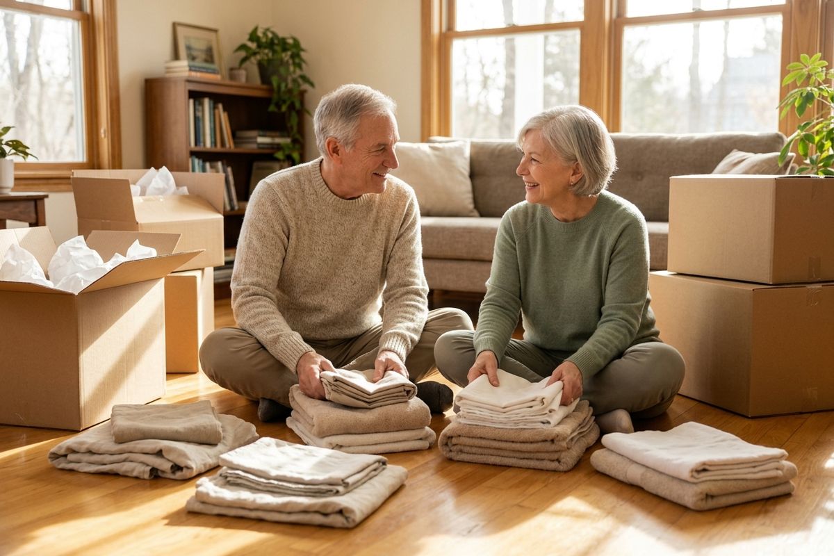 Two older adults sit on a sunlit living room floor, smiling at each other while folding linens beside stacks of towels and cardboard moving boxes.