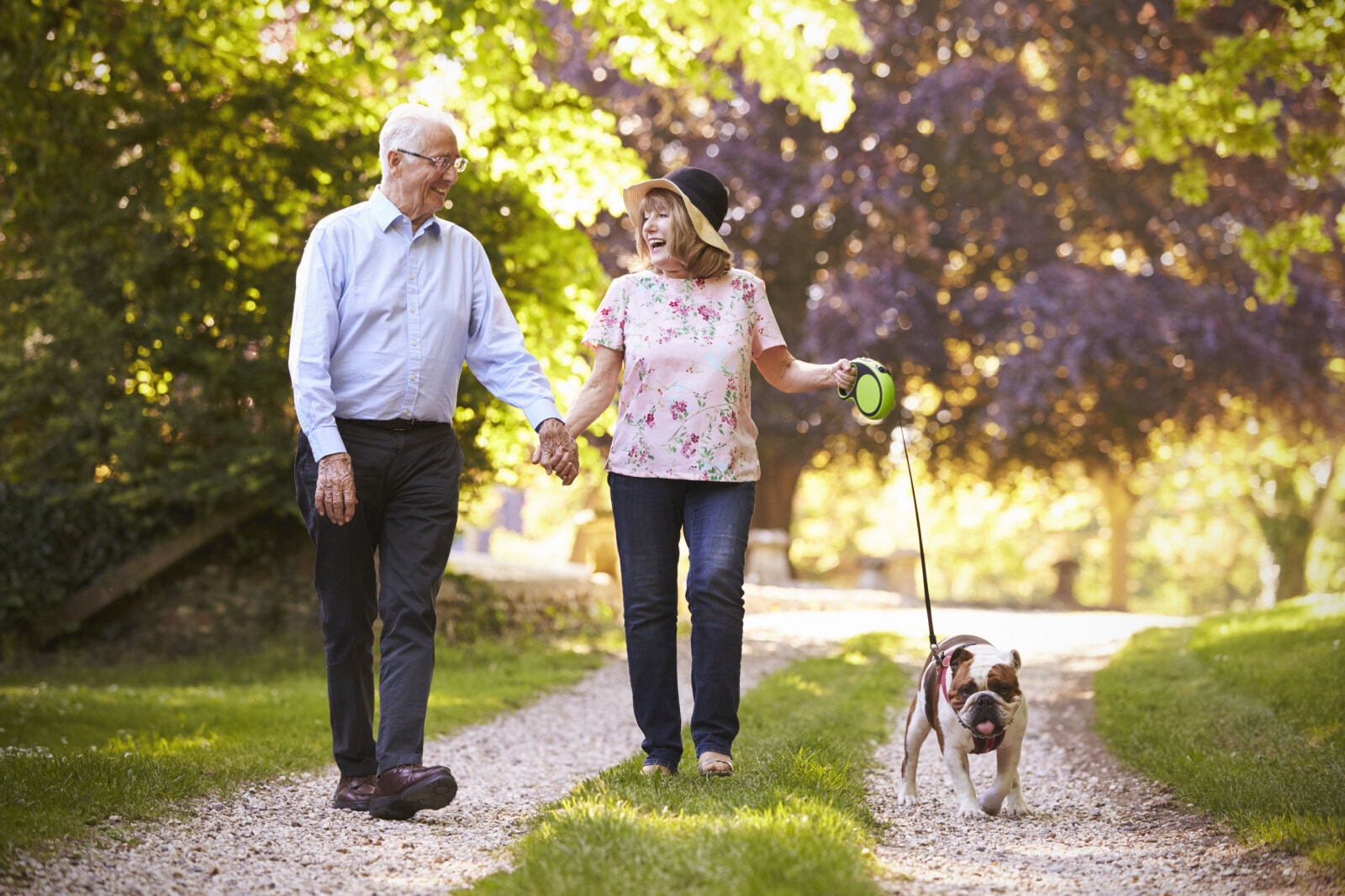 Senior couple walking in the park with their pet Bulldog.
