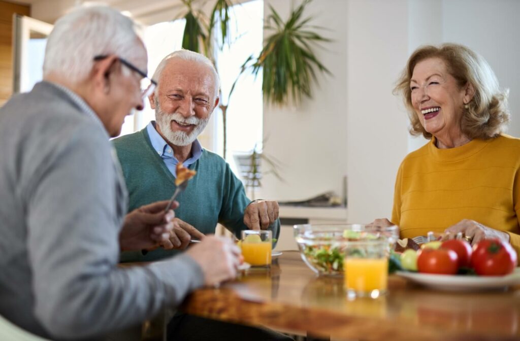 A happy group of seniors sitting around the table enjoying a nutritious meal together in their communal dining area.